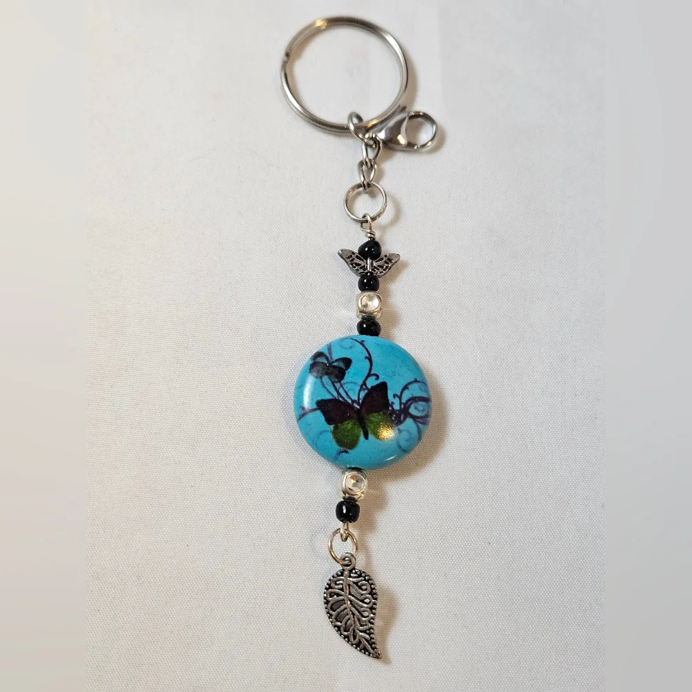 Hand Crafted Butterfly and Leaf Charm Keychain Unique Beaded Accessory